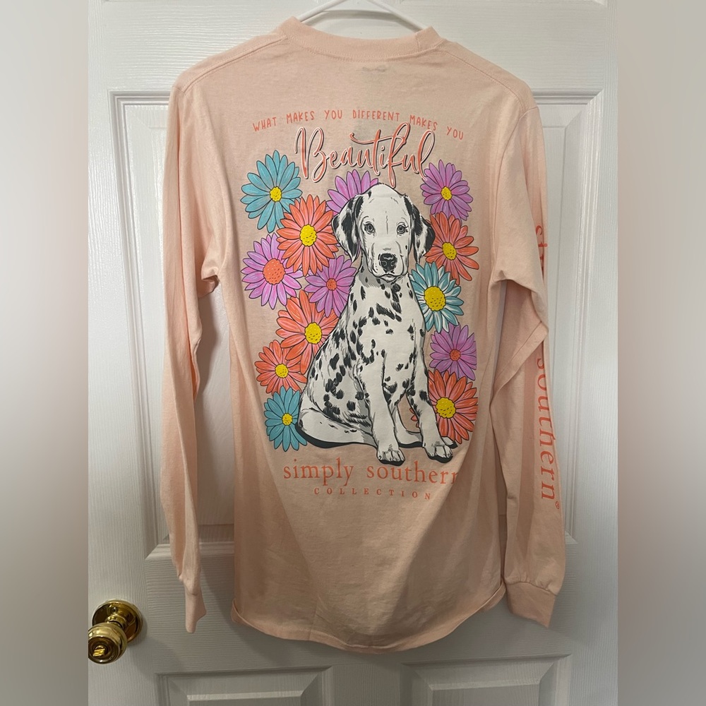 Simply Southern Long Sleeve Peach T Shirt Size Small Dog Dalmatian NWT